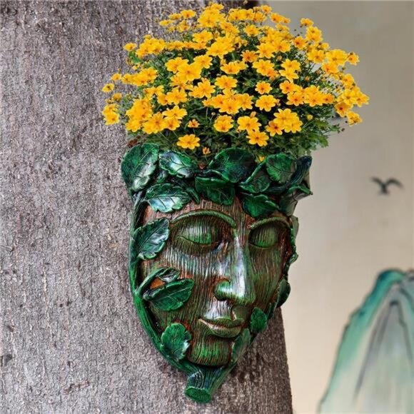 Tree Face Decor Flower Planter Pot Hand-Painted Resin Green Man Tree Hugger - Picture 2 of 8